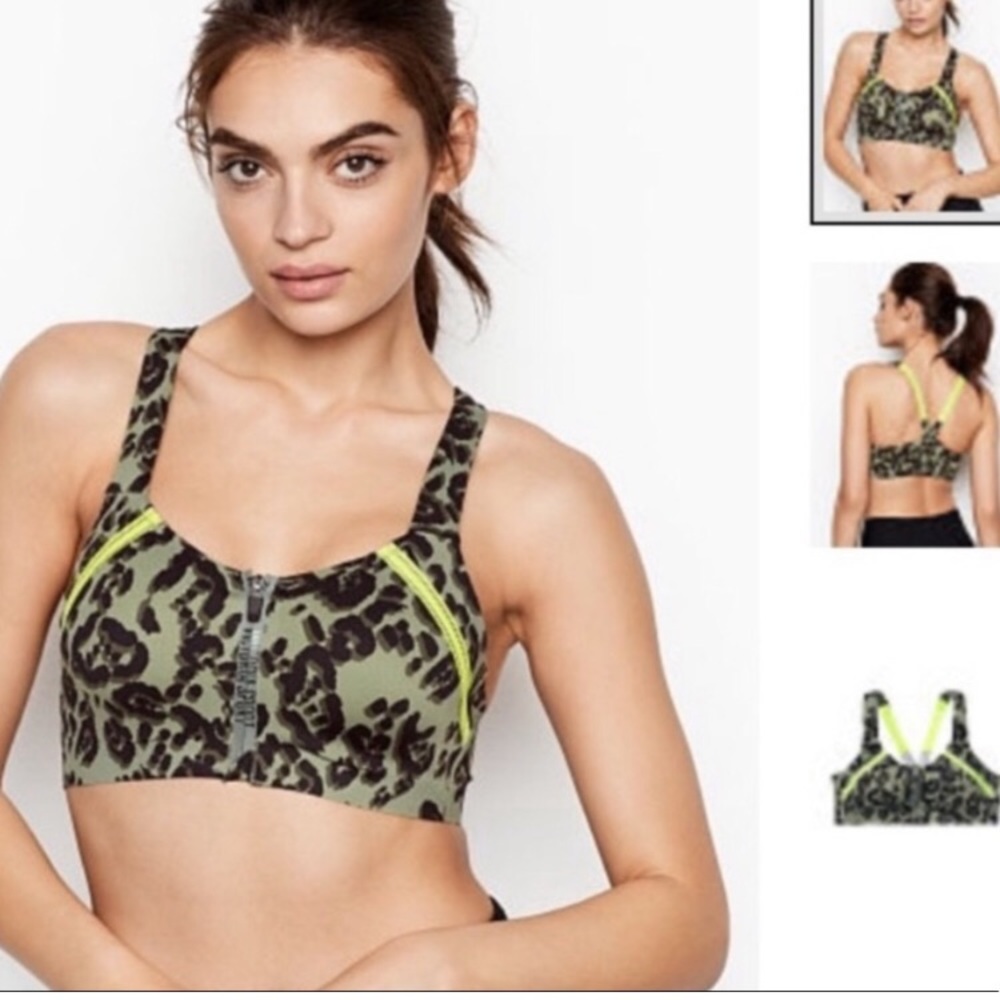 Victoria Sport Knockout High Impact Zip Front Green Leopard Print Sports Bra 30B